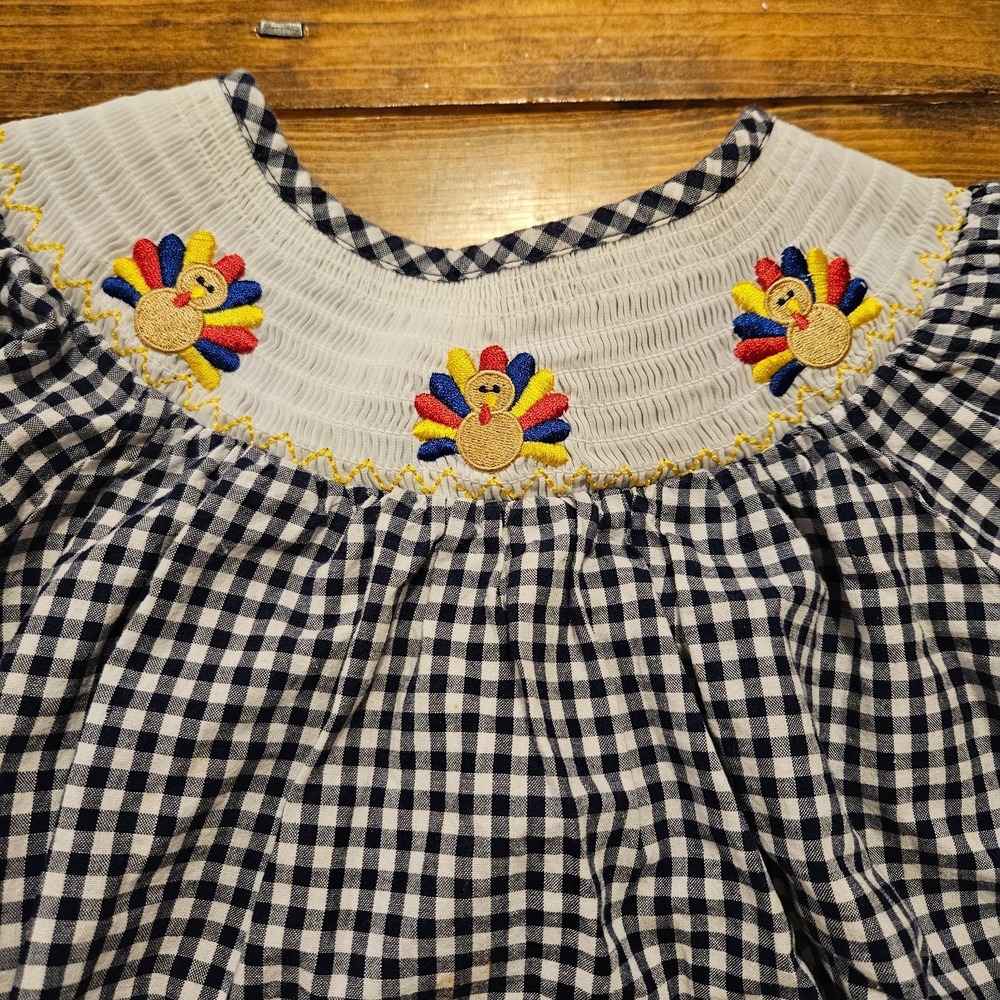 Marie Nicole Girls Smocked Turkey Dress (6) XXL Navy White Gingham Thanksgiving